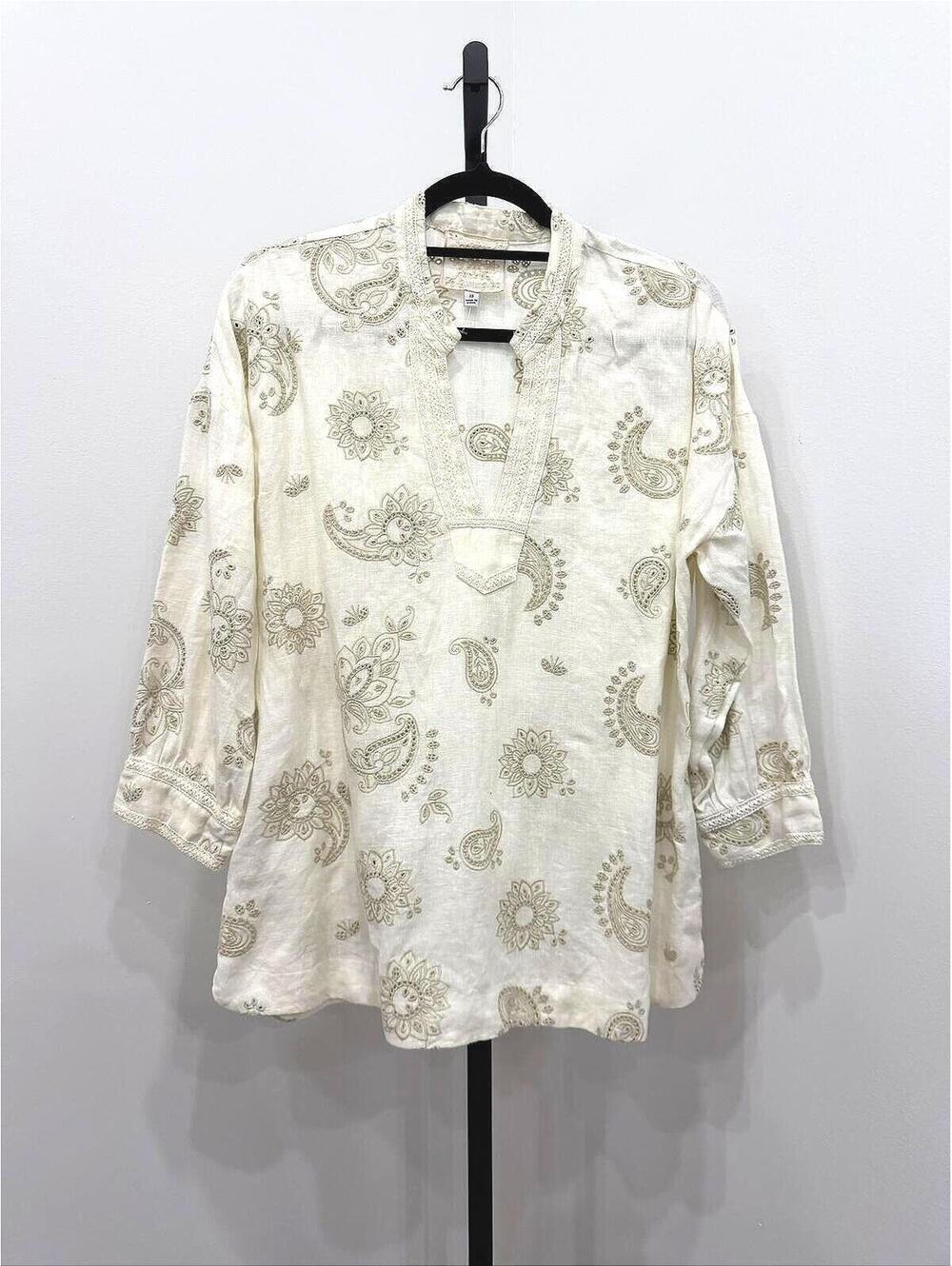 Johnny Was Jade Women's Cream Paisley 100% Linen Tunic Blouse Size XS